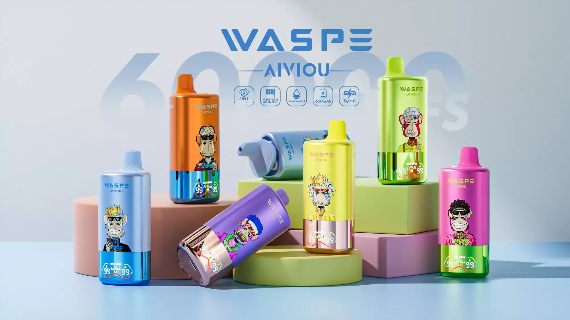 WASPE AIVIOU 60000 Puffs Triple Flavor LED Screen 60K 0% 2% 5% Low Nicotine Bulk Buy Wholesale Rechargeable Disposable Vapes Pen