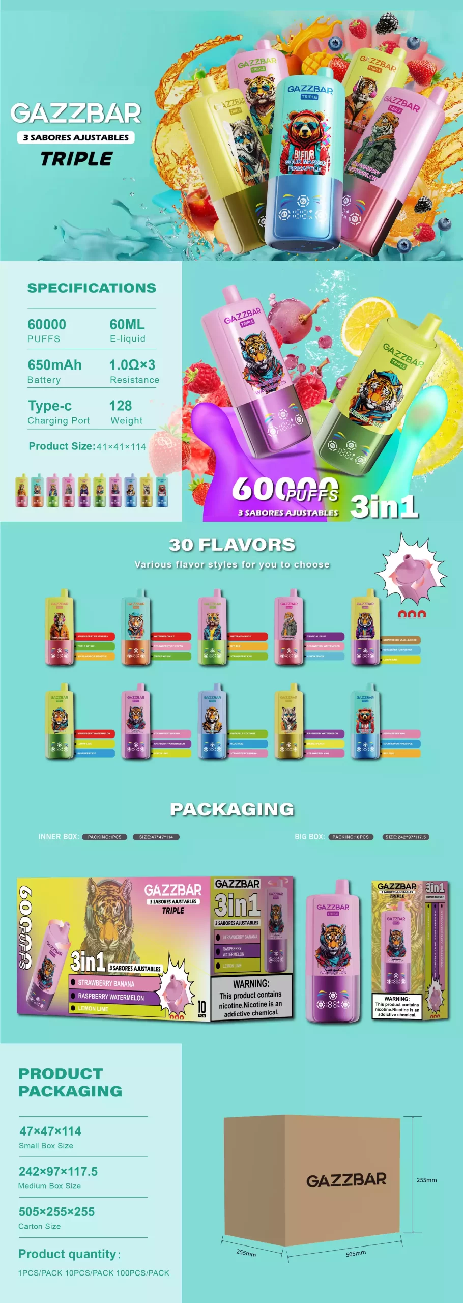 GAZZ BAR Triple 60000 Puffs 3in1 Flavor Authentic Disposable Vape Low Nicotine Bulk Buy Wholesale