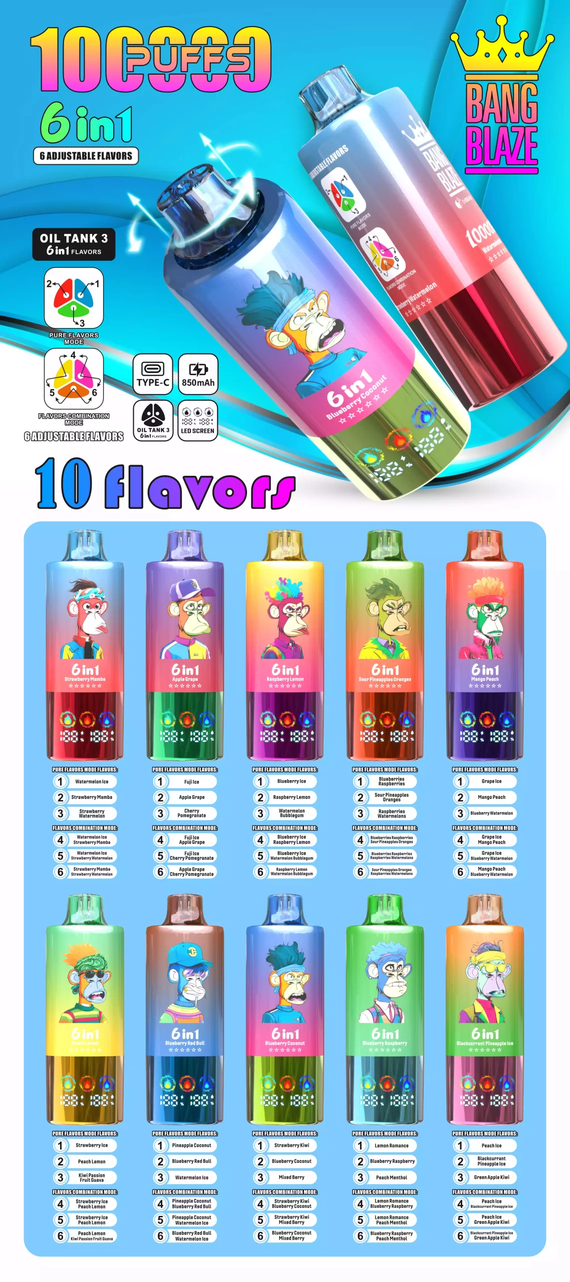 BANG BLAZE 100000 100K Puffs DSK055 6 In 1 Disposable Vape Bulk